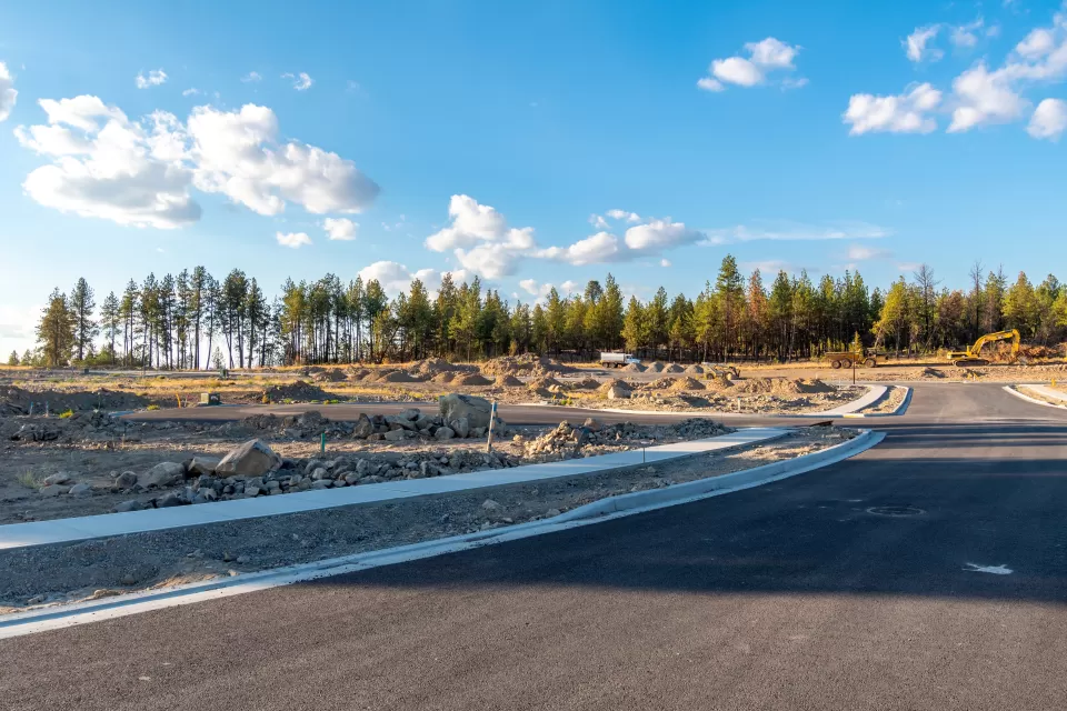 Empty subdivision lots with new roads and sidewalks complete and line of evergreen forest in the immediate background under a bright blue sky with fluffy white clouds..